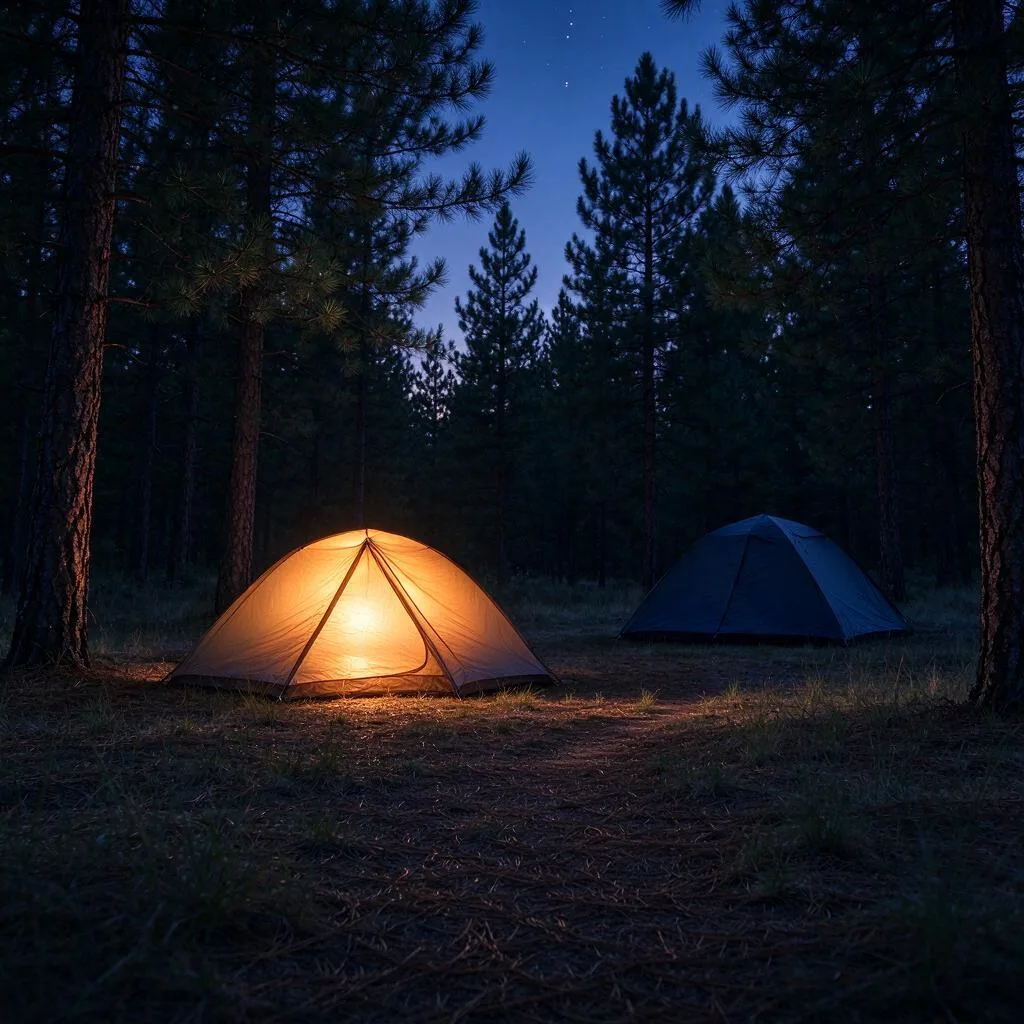 A campsite at dusk with two plain tents, one glowing softly, among pine trees