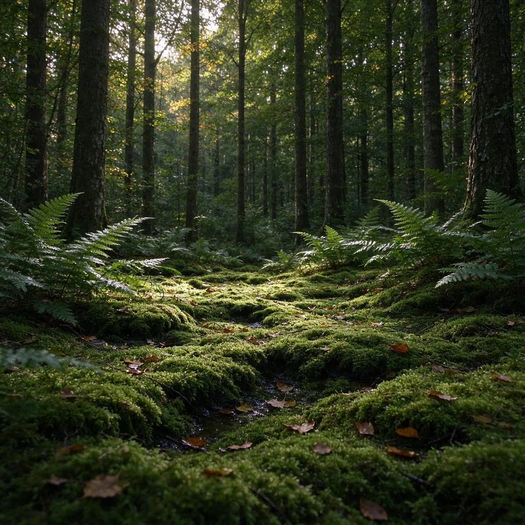 Un pequeño claro forestal con terreno cubierto de musgo, helechos y hojas caídas entre árboles altos