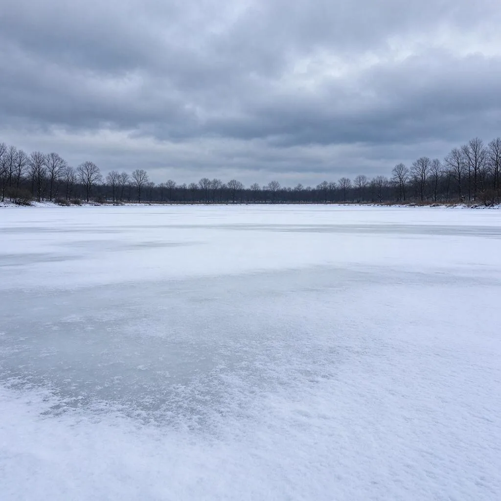 Um lago congelado coberto de neve com árvores despidas ao longo da margem distante sob um céu cinzento de inverno