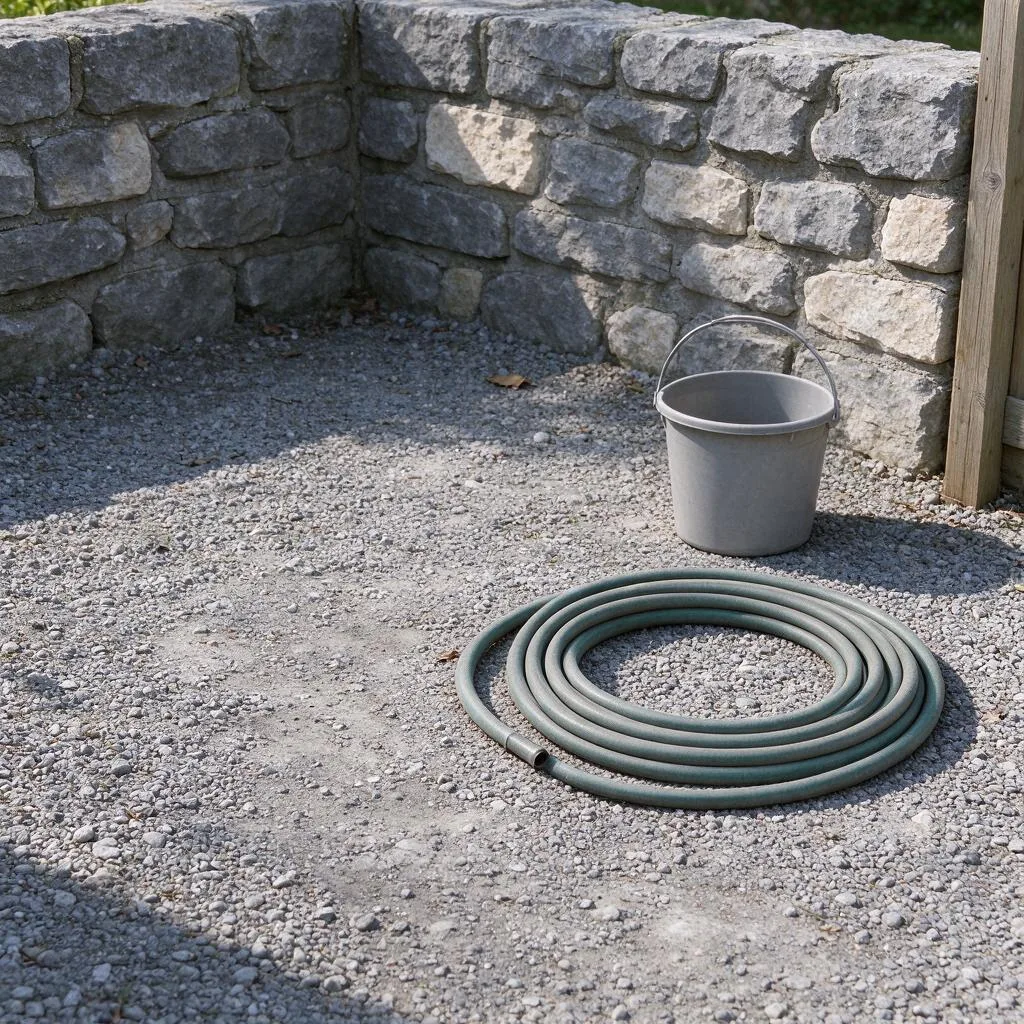A coiled garden hose and a plain bucket beside a low stone wall on gravel