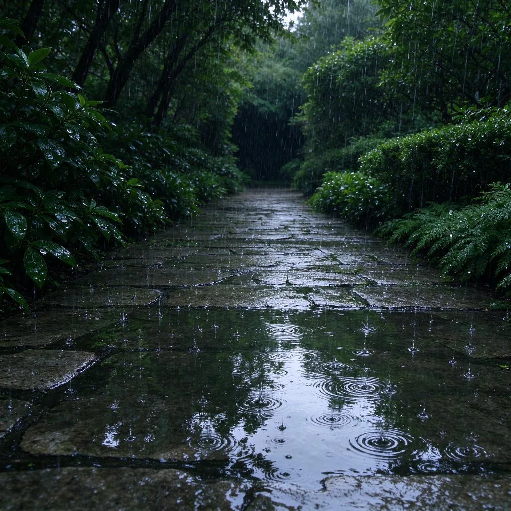 Un sendero de jardín bajo la lluvia con charcos sobre pavimento de piedra y arbustos verdes mojados