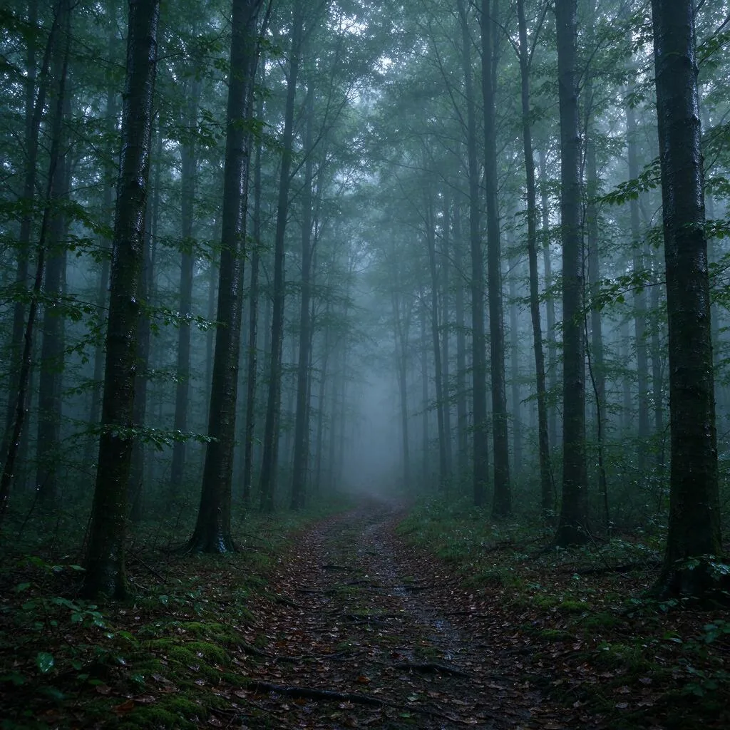 A misty woodland trail in early morning with tall trees and damp leaf-covered ground
