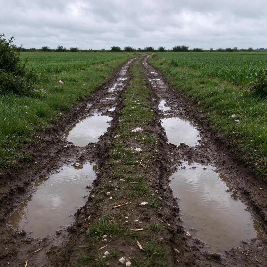 Un camino de granja embarrado con charcos entre campos verdes bajo un cielo gris