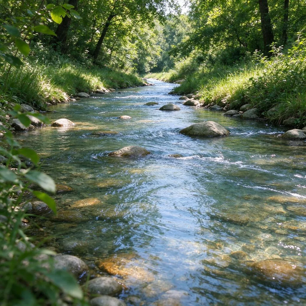 Shallow river water flowing slowly over smooth stones with green banks and riverside trees