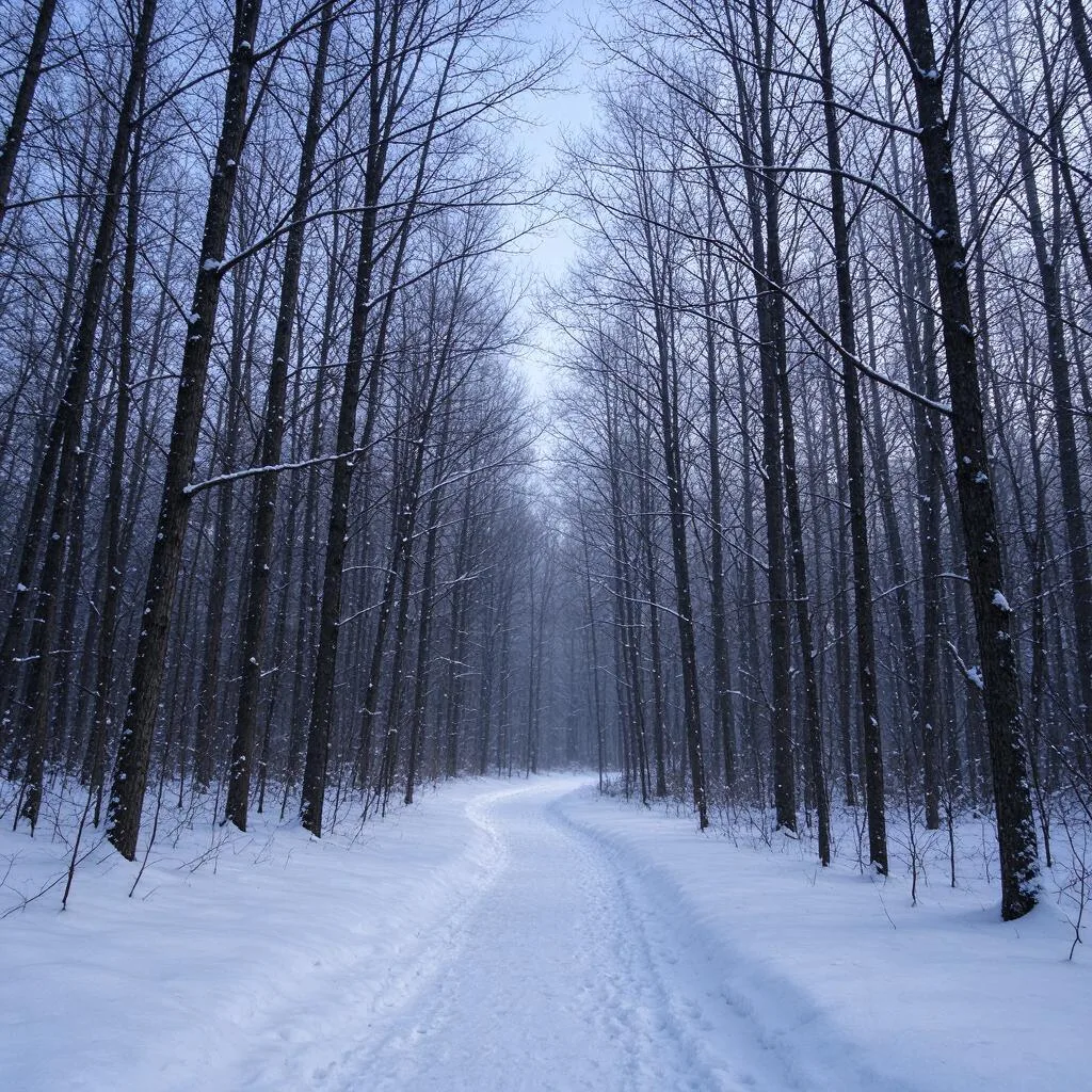 A snow-covered trail through a quiet winter woodland with bare trees