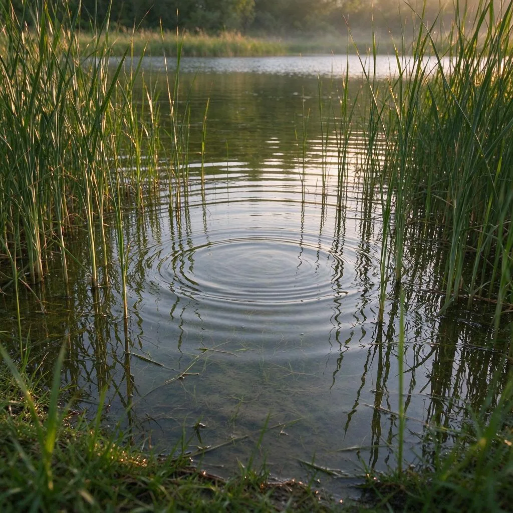 Agua poco profunda y quieta entre juncos en el borde de un lago tranquilo con luz suave de atardecer