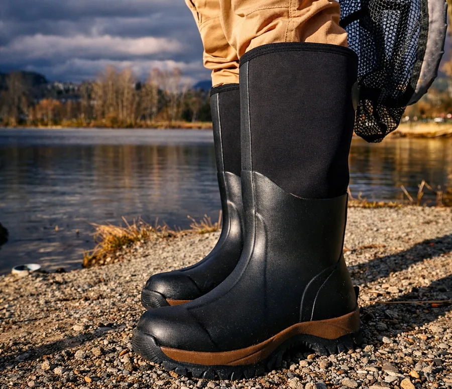 Tall black boots worn by a person standing on gravel beside a lake, with a fishing net visible