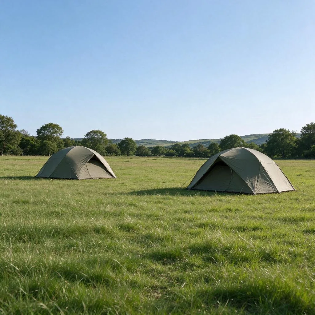 Two plain dome tents standing far apart in a grassy meadow near a tree line